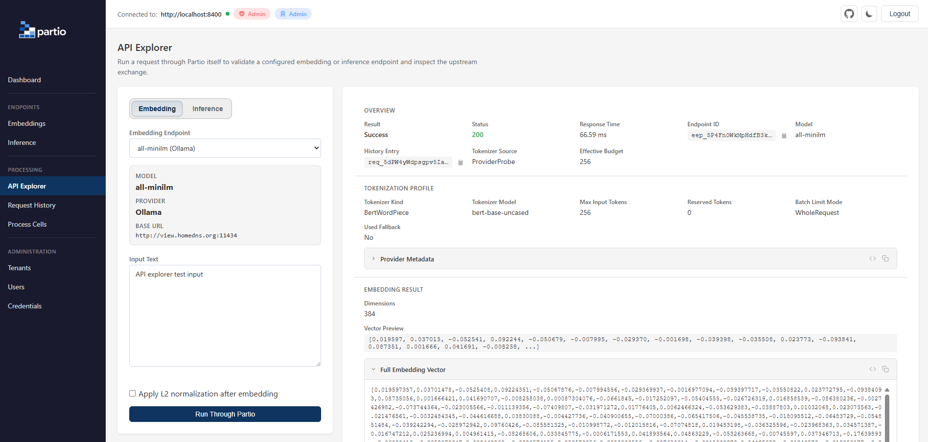 Partio dashboard API Explorer showing an embedding request, tokenization profile, and resulting vector