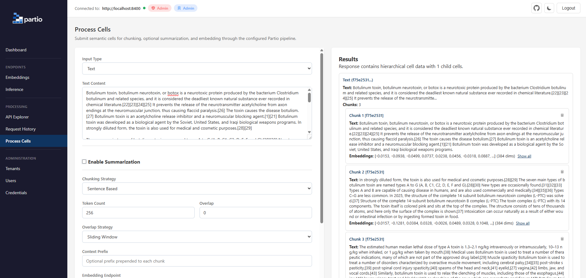 Partio dashboard Process Cells playground showing text chunked into hierarchical cells with embeddings
